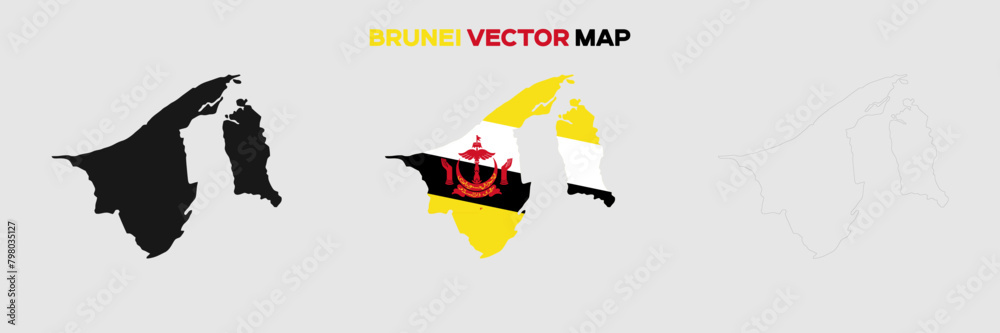 Brunei Map Vector Pack. Map with Flag. Gray Map Silhouette. Gray Outline Map. Editable EPS file.