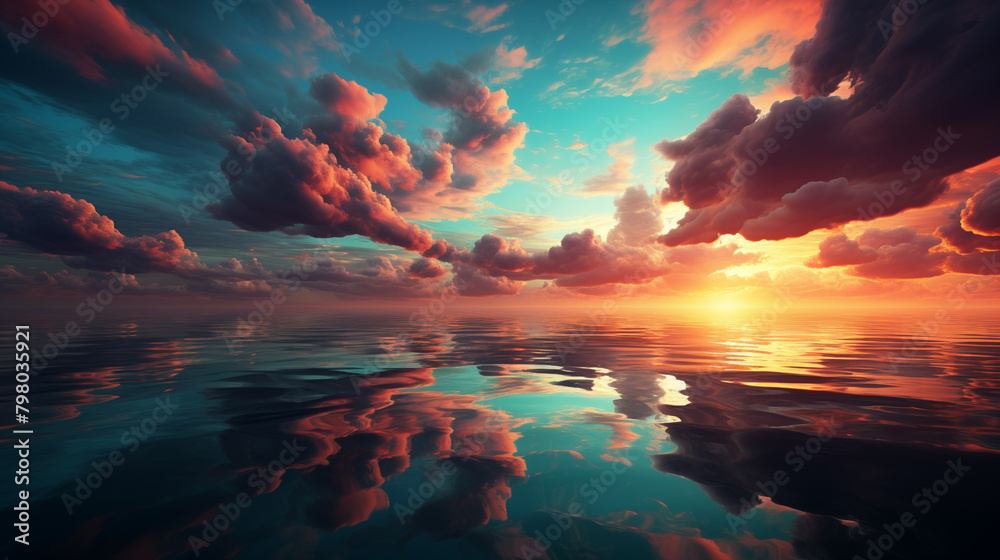 Colorful sunset over the sea. Clouds and reflections from the ocean.