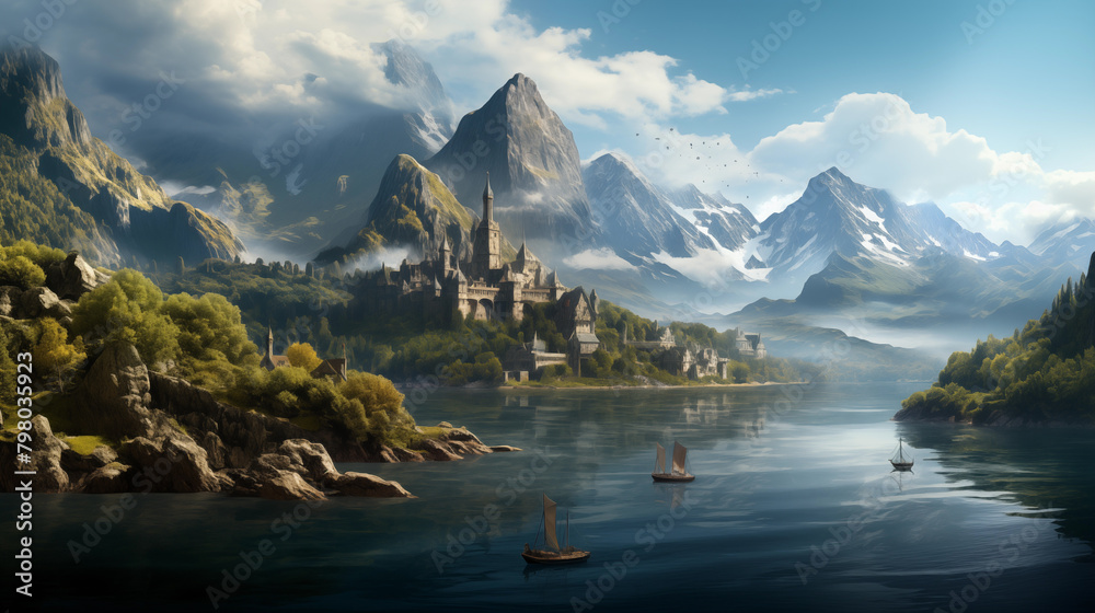 Mid evil town by the mountains and fjord