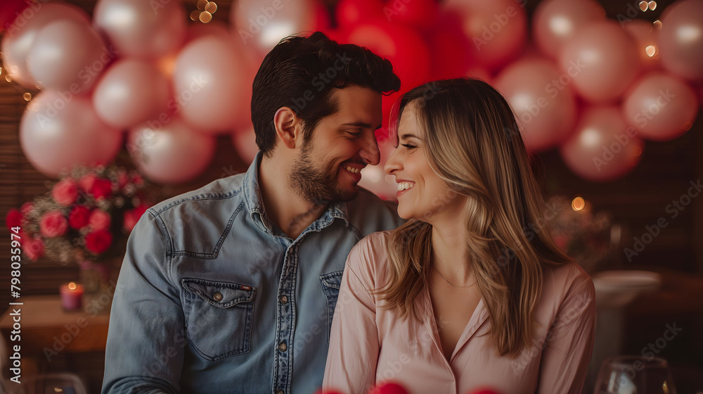 Smiling couple sharing an intimate moment with pink and red balloons in the background. Valentine's Day Smiling couple sharing an intimate moment with pink and red balloons in the background. Valentine's Day