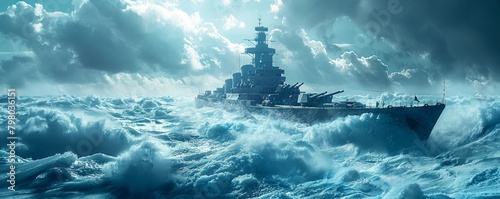 Dramatic naval battleship braving the stormy seas under tumultuous clouds