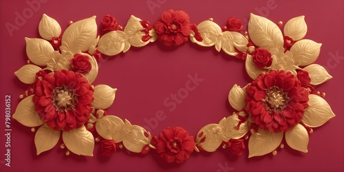 Red background with frame made of flowers. 3d rendering, 3d illustration.