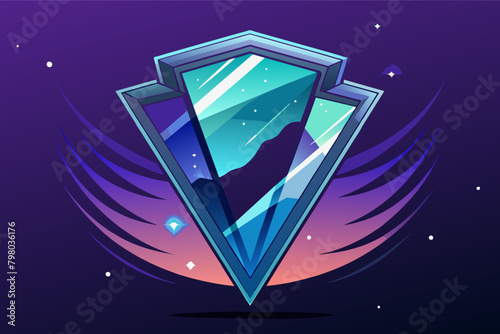 A vibrant, stylized illustration of a blue gemstone with a glowing aura on a dark purple background with stars and light rays emanating from it.