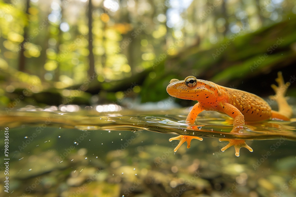 Newt Swimming in Clear Stream A newt swimming gracefully in the clear waters of a mountain stream its sleek body and webbed feet propelling Newt Swimming in Clear Stream A newt swimming gracefully in the clear waters of a mountain stream its sleek body and webbed feet propelling
