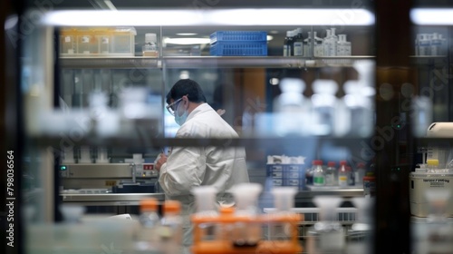 Through the hazy foreground of this image glimpses of a busy genetics lab can be seen showcasing the intricate and precise work happening in the background. .