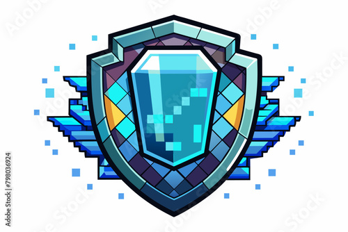 A digital illustration of a blue and teal pixelated shield with a large gemstone in the center and pixelated accents on the sides.