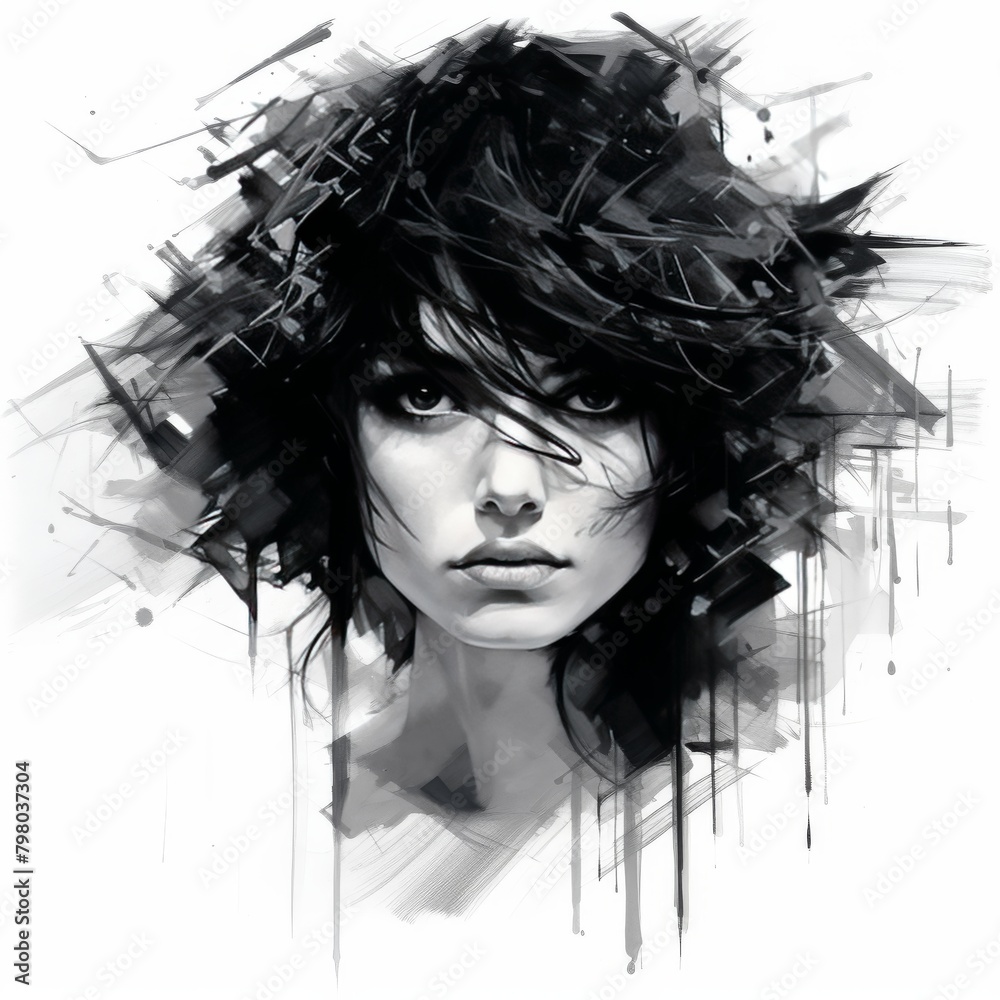 Fototapeta premium Monochrome Woman Face Portrait. Graphic Female Face Illustration. Beauty and Elegant Young Lady Avatar Character.. 