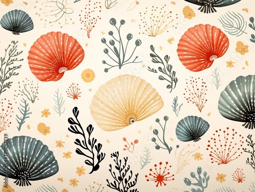 Bright color cute nautical seamless pattern  hand drawn shells and seaweed for children s crafts    childlike drawing