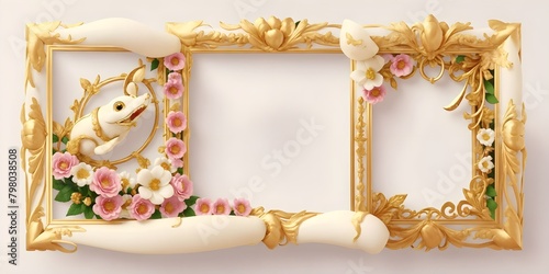 Vintage frame with bird and flowers on white background. 3d rendering