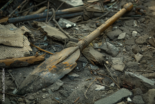 A javelin, its wooden shaft splintered and broken, cast aside amidst the wreckage of war.