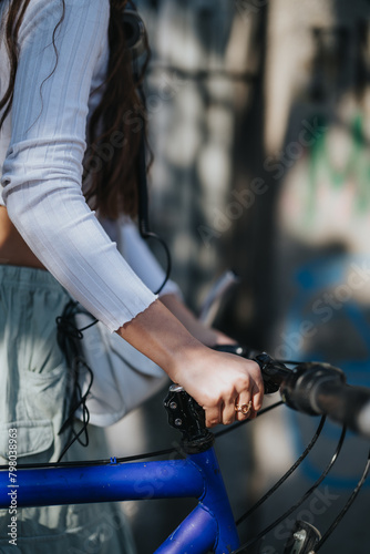 A woman with long hair enjoys a leisurely bike ride in an urban setting, embodying an active lifestyle and casual city life.