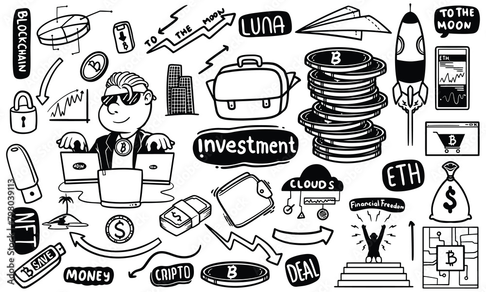 Hand drawn doodle set of investment business vector illustration.
