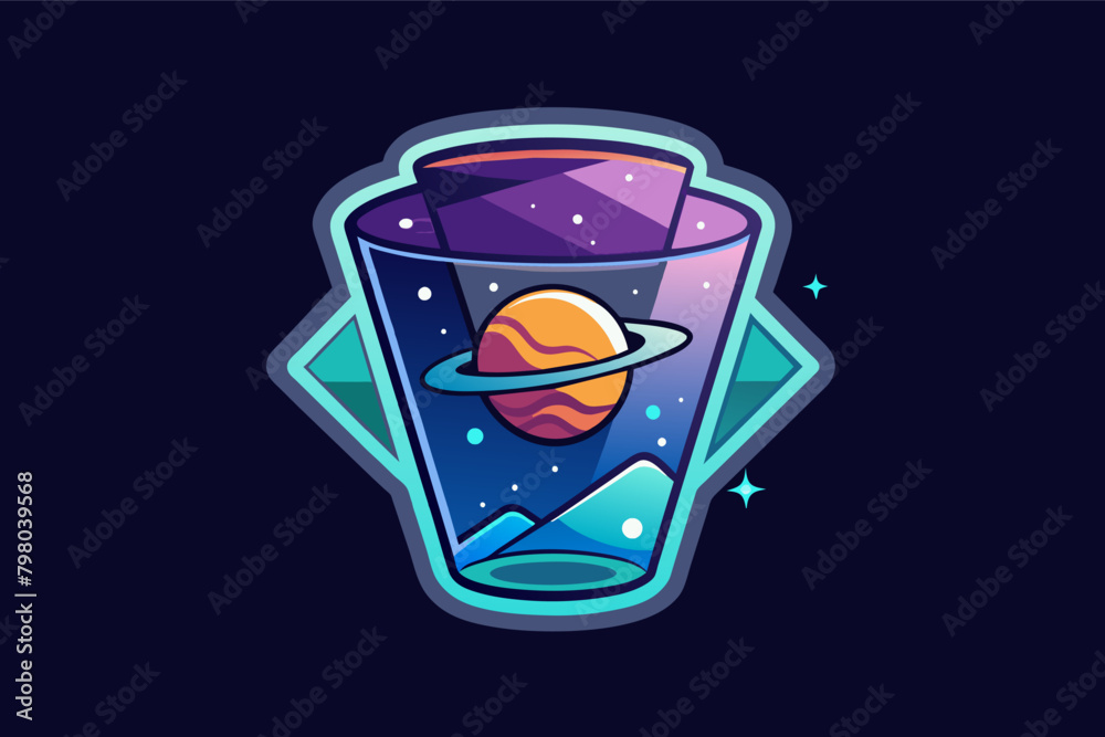 Illustration of a beverage cup with a space theme design, featuring a planet with rings and stars inside the cup. Illustration of a beverage cup with a space theme design, featuring a planet with rings and stars inside the cup.