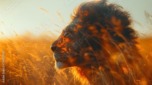 the symbiotic relationship between the lion and its kingdom as captured in double exposure photography, where the spirit of the African savanna breathes life into the majestic predator