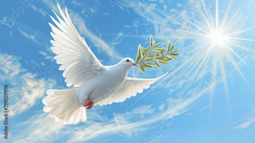 White Dove or pigeon of peace with olive branch in beak, on blue sky with clouds background. Symbol of hope and harmony, denouncing war. Concept of conveying messages for peace and unity.  photo