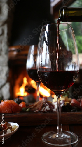 Brindis con copa de vino  festejo con fuego de fondo  invierno  patagonia  sur  