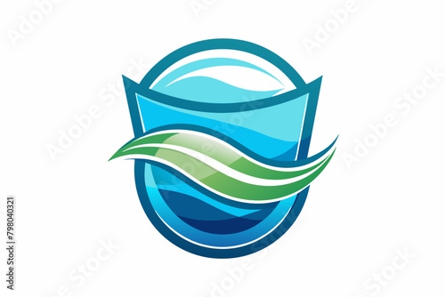 Abstract logo design featuring a blue circular shape with waves and a green leaf-like swoosh, representing water and eco-friendliness.
