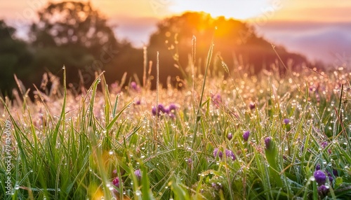 A vibrant meadow at sunrise, with dewdrops glistening on the grass