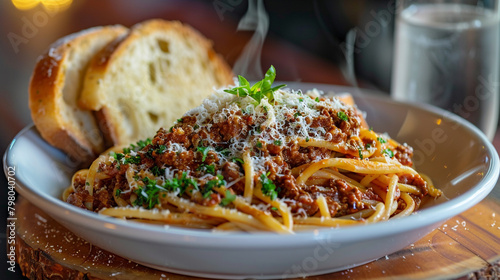 Spaghetti Bolognese A steaming plate of al dente spaghetti topped with rich, meaty Bolognese sauce and grated Parmesan cheese, served with garlic bread for a classic Italian comfort dish. © Hameed