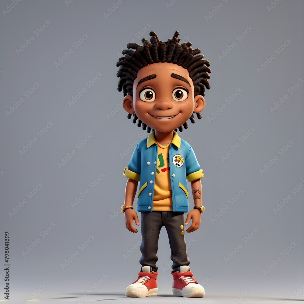 3D icon avatar cartoon hipster character, stylish smiling black boy with brown hair wearing a blue and yellow jacket and dark blue pants, cartoon close up portrait isolated on solid color background. 3D icon avatar cartoon hipster character, stylish smiling black boy with brown hair wearing a blue and yellow jacket and dark blue pants, cartoon close up portrait isolated on solid color background.