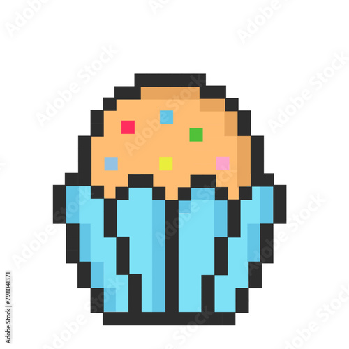 Pixel cupcake icon. 80s, 90s arcade game style. Vector illustration game assets 8-bit sprite, isolated street food pixel. 
