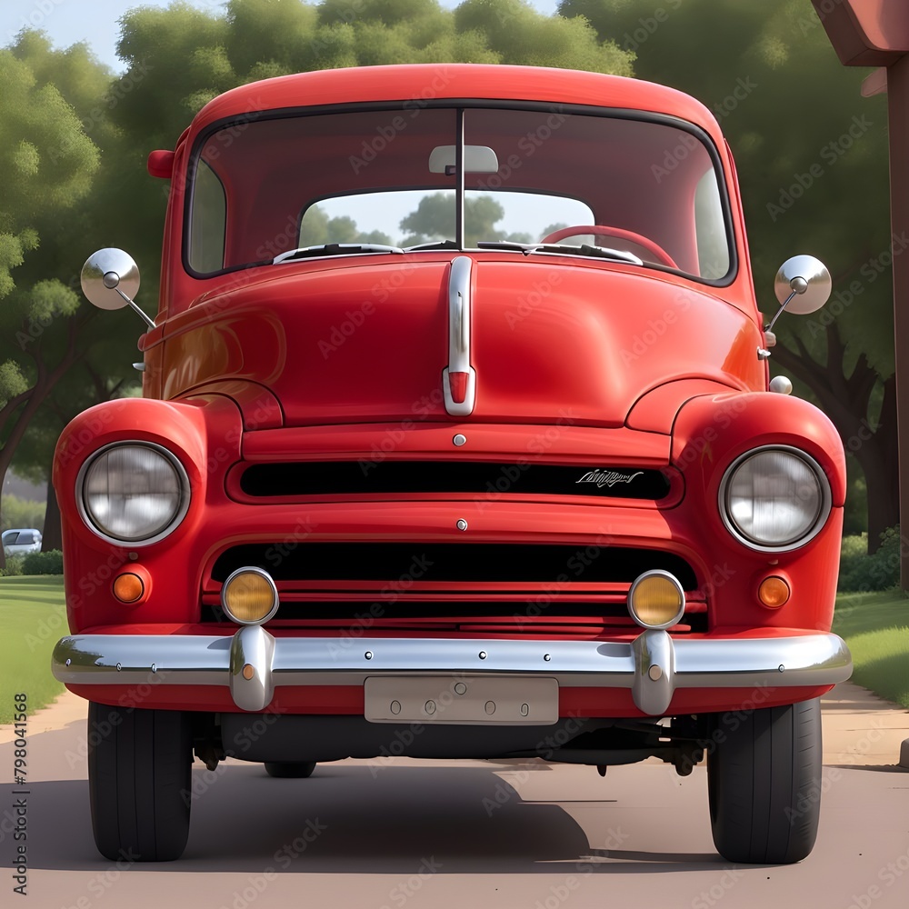 Red pickup truck is parked on a road. The truck has a white stripe on its hood. The truck is surrounded by trees. Generative AI Red pickup truck is parked on a road. The truck has a white stripe on its hood. The truck is surrounded by trees. Generative AI