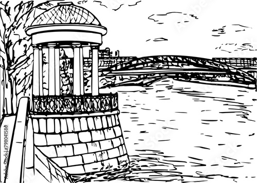 Gazebo-rotunda of 1796-1801 with embankment fencing on the background of the Andreevsky pedestrian bridge, Gorky Park, Moscow. A hand-made sketch