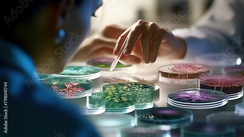 Life science professional observing the petri dish. Focus on the object Generative AI photo