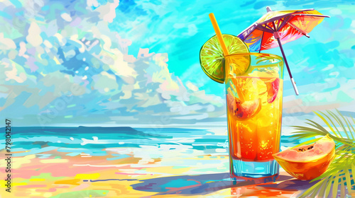 Tropical Cocktail A refreshing tropical cocktail served in a chilled glass, garnished with slices of fresh fruit and a colorful umbrella, perfect for sipping on a sunny beach day. © Hameed