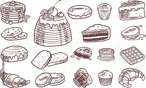 hand drawn engraving desserts set in many kinds of foods