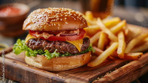 Hamburger and Fries A juicy hamburger topped with cheese, lettuce, and tomato, served with a side of crispy golden fries on a wooden tray, ready to be enjoyed for a satisfying meal. © Hameed