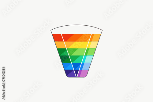 A colorful inverted pyramid with rainbow colors (red, orange, yellow, green, blue, indigo, and violet) arranged in horizontal stripes.