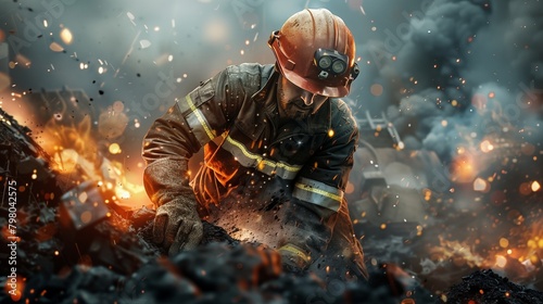 Firefighter works amidst flames and debris  courageously combating fires and wreckage  demonstrating resilience and valor in challenging environments.