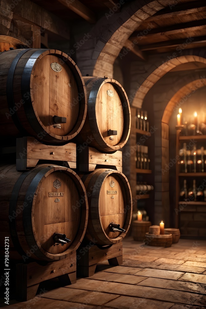 wine cellar filled with oak barrels