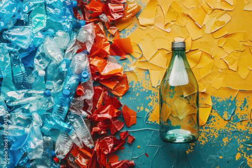 Top-down shot of a multi-colored split background with used disposable smashed plastic bottles on the left side and a glass bottle on the right side.