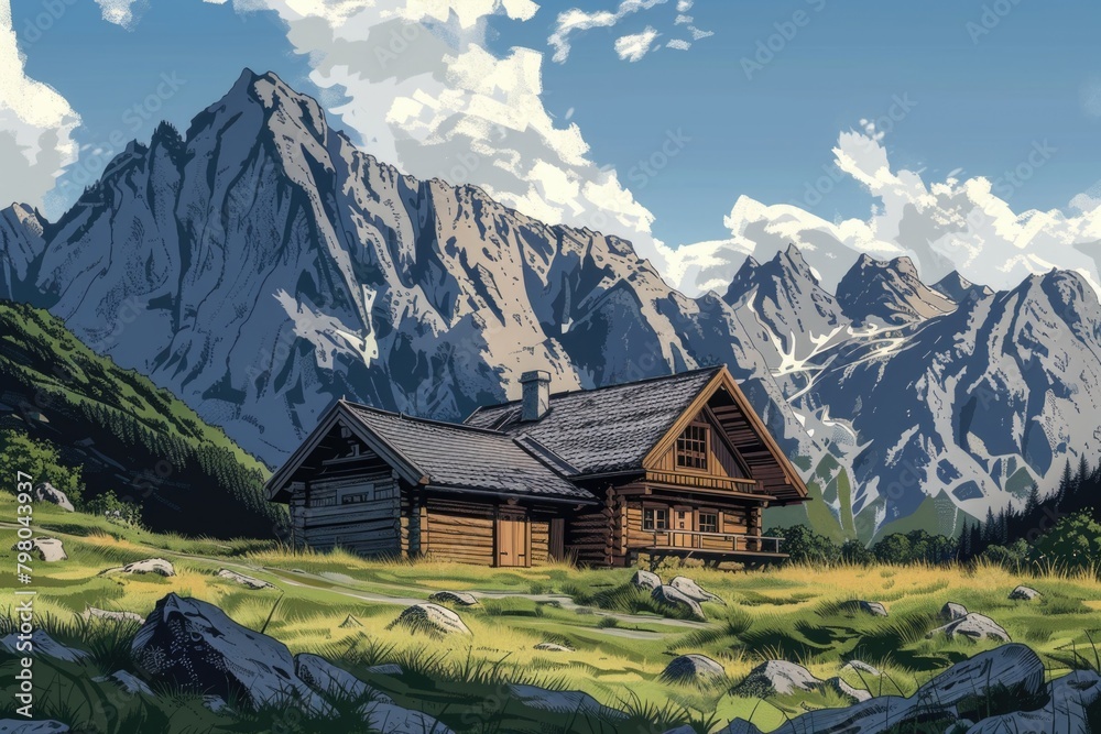A serene painting of a cabin nestled in the mountains. Ideal for nature or travel concepts