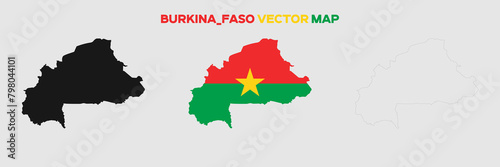 Burkina_Faso Map Vector Pack. Map with Flag. Gray Map Silhouette. Gray Outline Map. Editable EPS file.