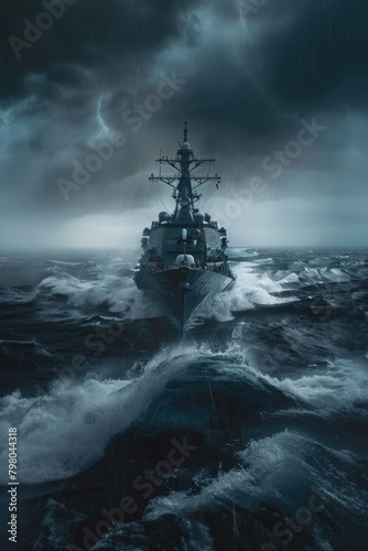 A navy ship sailing in the vast ocean. Suitable for maritime and military concepts