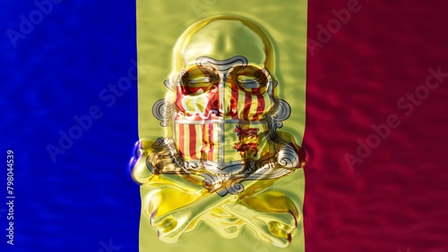 Metallic Skull Overlay on Andorra's Vibrant Tricolor Flag
