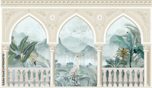 Beautiful garden arch bird mountain lake wallpaper. Watercolor Landscape illustrations. Jungle wallpaper illustrations.