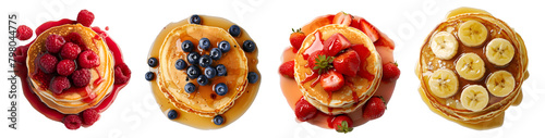 Collection of pancake stack, top view flat lay, banana, strawberry, raspberry, blueberry fruits on transparent cutout, PNG file. Many different flavour Mockup template for design