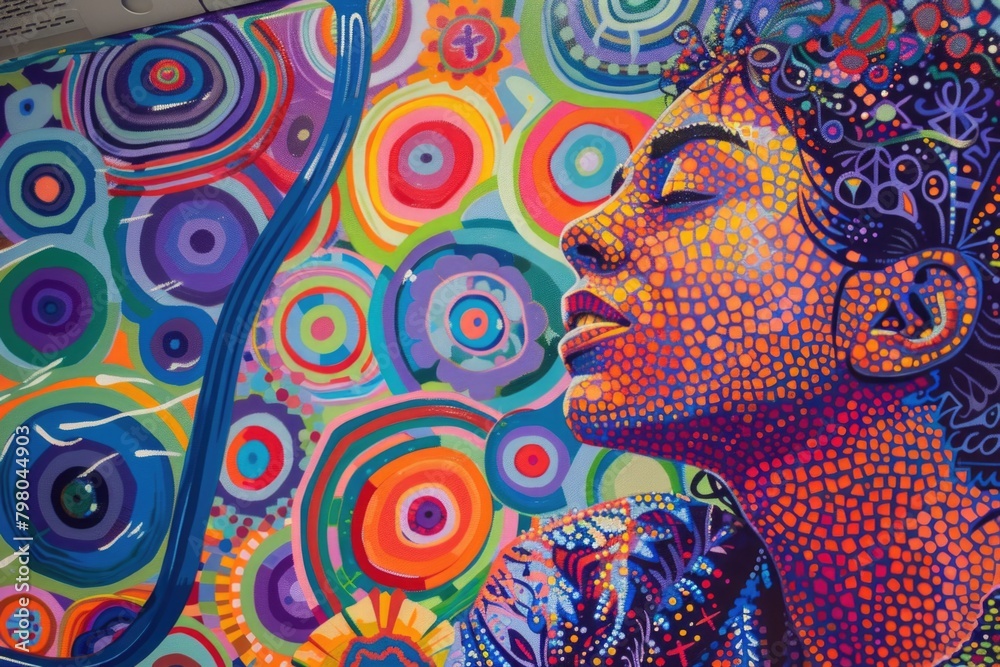 Abstract painting of a woman surrounded by colorful circles. Suitable for art and creative projects