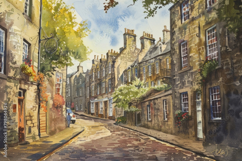 A picturesque painting of a charming street in a European city. Ideal for travel brochures or city guides