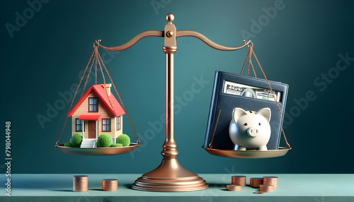 Financial Stability Illustrated: Cartoon Depiction of Scales Balancing Home and Savings Account - Economic Equipoise Concept photo