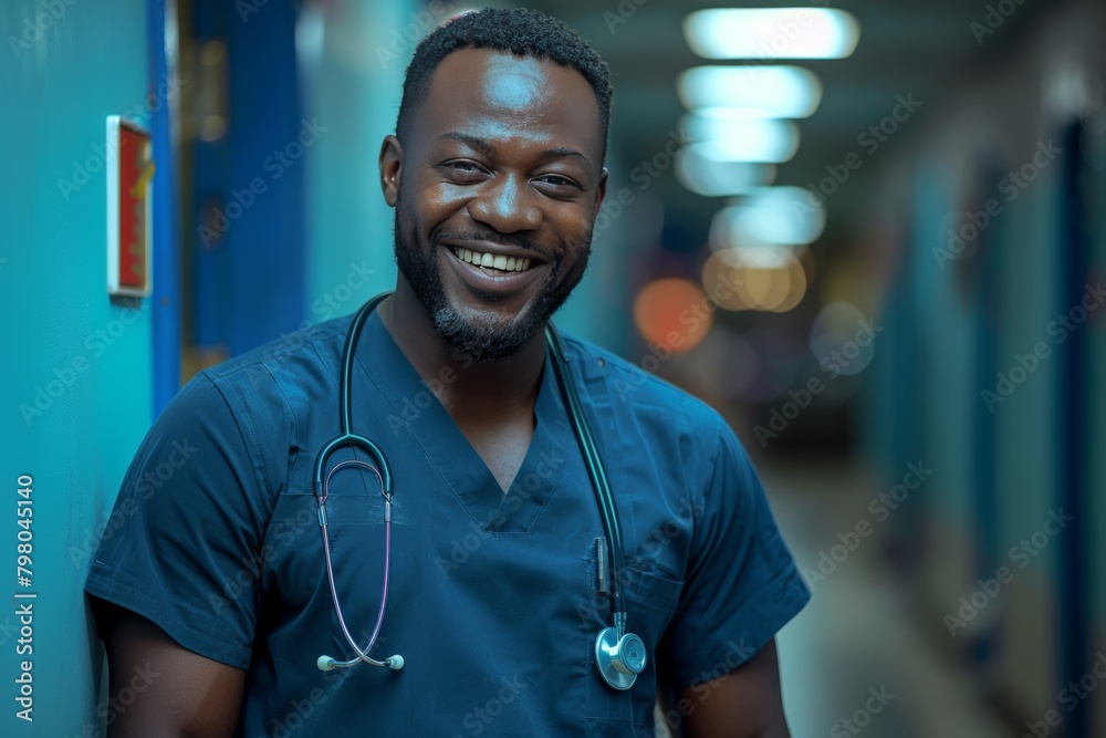 Smiling african american surgeon in well-lit clinic setting, portrait of happy male doctor Smiling african american surgeon in well-lit clinic setting, portrait of happy male doctor