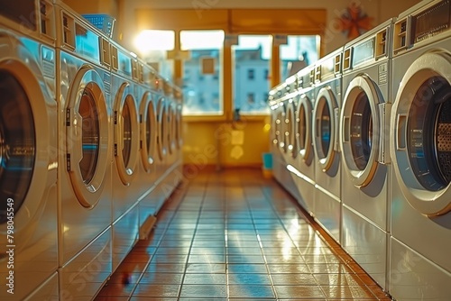 Empty laundry room with modern industrial washing machines in hotel facility for public use photo