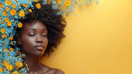 Women's Day.Portrait of a black  woman on a yellow background surrounded by flowers. free space