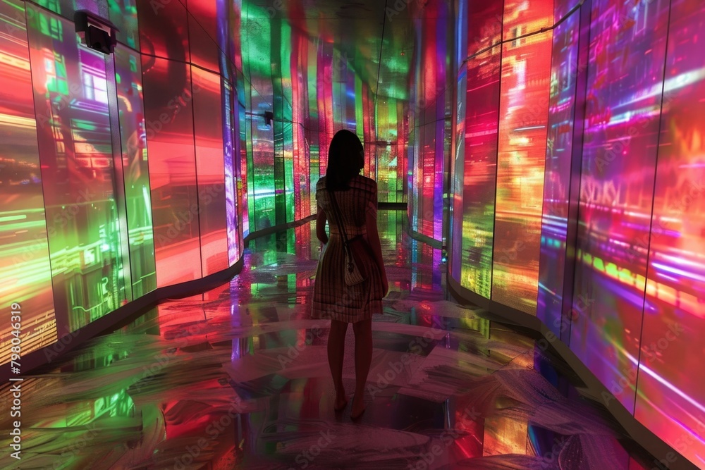 A woman standing in front of a vibrant and colorful wall, suitable for various concepts and designs A woman standing in front of a vibrant and colorful wall, suitable for various concepts and designs