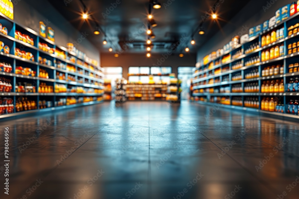 Blurry interior of a large grocery store with aisles and shelves for shopping concept