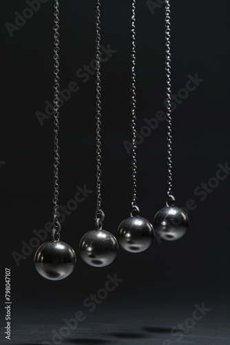 A group of metal balls hanging from chains. Ideal for industrial concepts